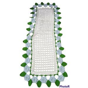 Crochet Cotton  Table Runner Dresser Scarf White Green Blue Flowers 13x34in Vtg